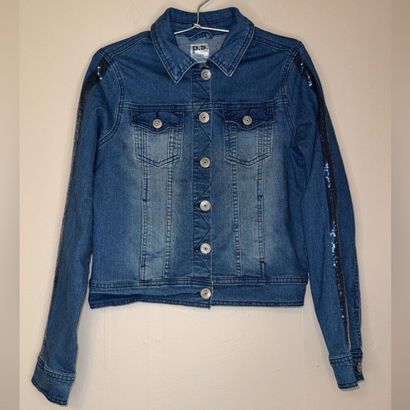 Ps Aeropostale girls Distressed Denim Jacket with Sequin Detail size 12 - Picture 1 of 6